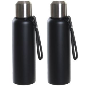 Set van 2x stuks RVS thermosfles/isoleerfles mat zwart met schroefdop en zeefje 500 ml