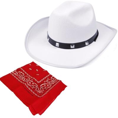 Cowboys verkleed set - Cowboyhoed wit - met rode western zakdoek - volwassenen - carnaval