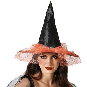 Halloween heksenhoed - met sluier - one size - zwart/oranje - meisjes/dames