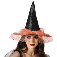 Halloween heksenhoed - met sluier - one size - zwart/oranje - meisjes/dames - thumbnail