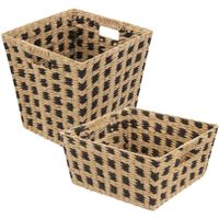 Set van 2x gevlochten rieten opbergmanden beige/zwart