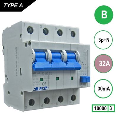 32A Aardlekautomaat 3p+n B32 30mA 10kA 3fase nul aan de rechterkant