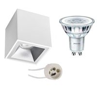 Opbouwspot Set - Pragmi Cliron Pro - GU10 Fitting - Opbouw Vierkant - Mat Wit/Zilver - Verdiept - 90mm - Philips - CorePro 840 36D - 5W - Natuurlijk Wit 4000K - Dimbaar