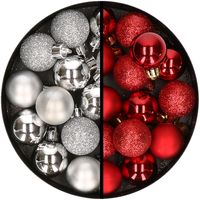 34x stuks kunststof kerstballen zilver en rood 3 cm - thumbnail