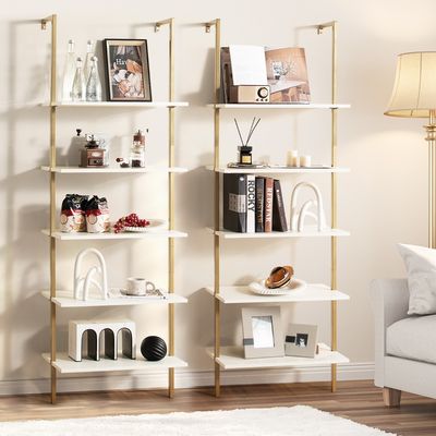 5 Niveaus Ladderrek Wandmontage 180 cm Boekenkast met Gouden Metalen Frame Wandplank Ideaal voor Woonkamer/Slaapkamer