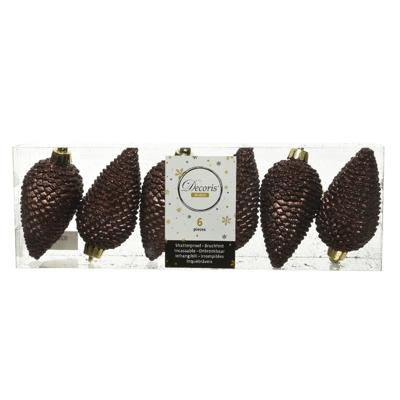 Kersthangers dennenappels - 6x st - donkerbruin - glitter - 8 cm - kunststof - kerstversiering Kersthangers dennenappels - 6x st - donkerbruin - glitter - 8 cm - kunststof - kerstversiering