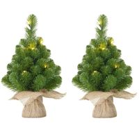 2x Mini kunst kerstboom met 10 LED lampjes 45 cm - Kunstkerstboom - thumbnail