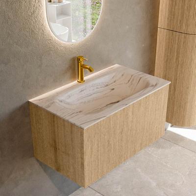 Badmeubel Mondiaz Kurve-Dlux | 80 cm | Meubelkleur Oak | Wastafelkleur Nata | Solid surface | Wasbak midden spoelbak | 1 kraangat