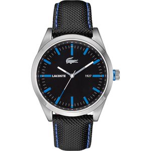 Lacoste horlogeband 2010597 / LC-52-1-14-2277 Leder Zwart 22mm + blauw stiksel
