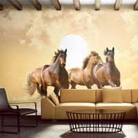 Fotobehang - Galopperende Paarden , beige bruin - thumbnail