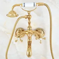 Luxe Gouden Messing Badkraan - Wandmontage met Handdouche Luxe Gouden Messing Badkraan - Wandmontage met Handdouche