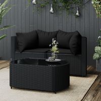 3-delige Loungeset met kussens poly rattan zwart - thumbnail