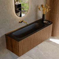 Mondiaz KURVE 135 cm Onderkast Greeploos 1 Lade Met Deuren Walnut, Wastafel Solid Surface Links Urban 0 Kraangaten Zonder Spiegel (KRVBGM135R1L1D0KL-Wal/Urb)