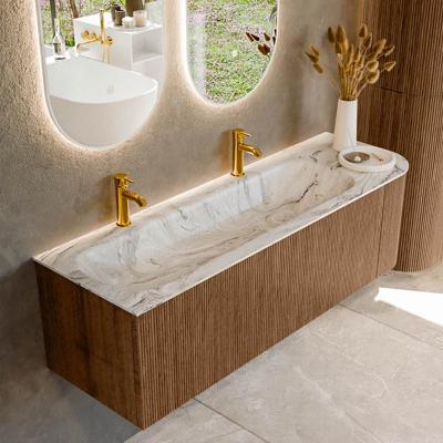 Mondiaz KURVE-DLUX 145 cm Onderkast Greeploos 1 Lade Met Deuren Walnut, Wastafel Solid Surface Links Glace 2 Kraangaten Zonder Spiegel (KRVBGL145R1L1D2KL-Wal/Gla)
