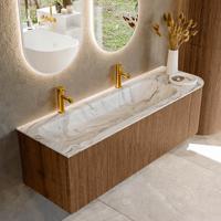 Mondiaz KURVE-DLUX 145 cm Onderkast Greeploos 1 Lade Met Deuren Walnut, Wastafel Solid Surface Links Glace 2 Kraangaten Zonder Spiegel (KRVBGL145R1L1D2KL-Wal/Gla)