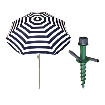 Parasol met dikke grondharing - blauw/wit gestreept - polyester - Dia 180 cm - voor het strand