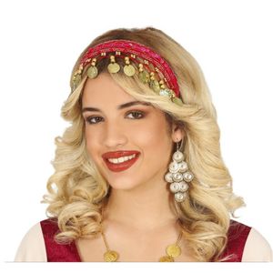 Buikdanseres haarband/diadeem met muntjes - fuchsia roze - dames verkleedaccessoire