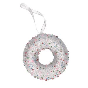 1x Kersthangers figuurtjes donut zilver met kraaltjes 10 cm