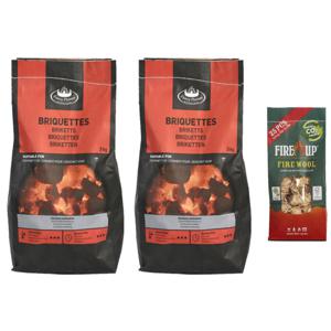 BBQ starterspakket - houtskool briketten 6 kilo - barbecue aanmaak houtwolkrullen 25x