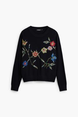 Geborduurde bloemen sweatshirt - BLACK - L