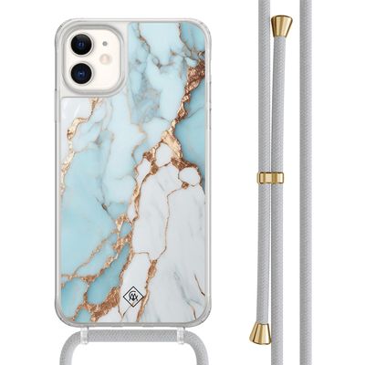 iPhone 11 hoesje met grijs koord - Marmer lichtblauw