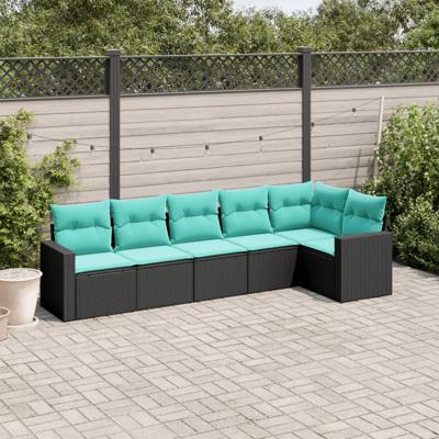 6-delige Loungeset met kussens poly rattan zwart