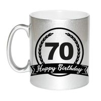 Happy Birthday 70 years zilveren cadeau mok / beker met wimpel 330 ml - thumbnail