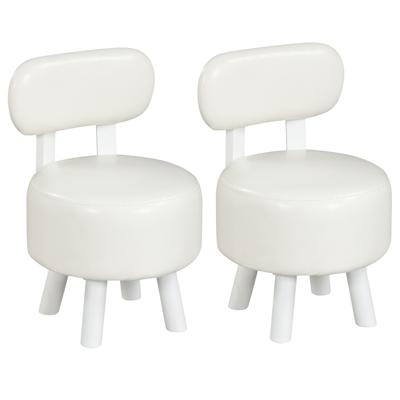 Voetenbankje met Rugleuning Zacht Bekleed Zitje met Kunstleer en Stevige Poten van Rubberhout Rond Make-upkrukje-Wit