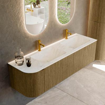 Badmeubel Mondiaz Kurve-Dlux | 155 cm cm | Meubelkleur Dusk | Wastafelkleur Opalo | Solid surface | Dubbel / Rechts spoelbak | 2 kraangaten