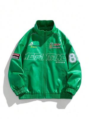 Bon&Bon Men's PU Leather Biker Jacket - Red Letter Embroidery Streetwear Green / XXL