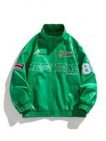 Bon&Bon Men's PU Leather Biker Jacket - Red Letter Embroidery Streetwear Green / XXL