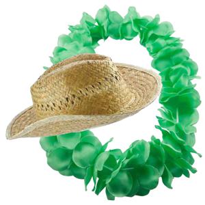 Carnaval verkleed set - Tropische Hawaii party - stro beach hoed - met volle bloemenslinger groen