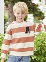 Groot gestreept jongenssweatshirt met badge in bouclé abrikoos - thumbnail