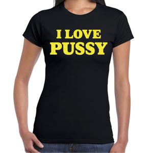 Foute party t-shirt dames - I love pussy - zwart - glitter geel - carnaval/themafeest