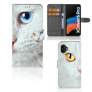 Samsung Galaxy Xcover 6 Pro Telefoonhoesje met Pasjes Witte Kat