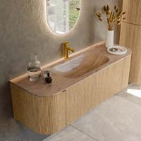 Badmeubel Mondiaz Kurve-Dlux | 140 cm | Meubelkleur Oak | Wastafelkleur Arena | Solid surface | Wasbak midden spoelbak | 1 kraangat