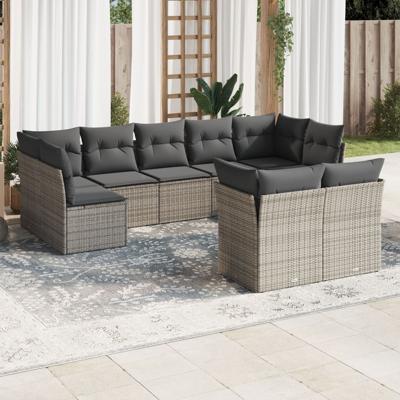 9-delige Loungeset met kussens poly rattan grijs