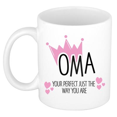 Cadeau koffie/thee mok voor oma - kroon/hartjes - wit - 300 ml - keramiek