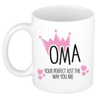 Cadeau koffie/thee mok voor oma - kroon/hartjes - wit - 300 ml - keramiek