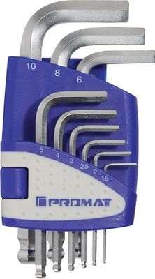 Promat Set haakse zeskantschroevendraaier | 9-delig kunststof houder | SW 1,5-10 mm | kort kogelkop S2-staal - 4000825123 - 4000825123