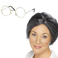 Smiffys - Oma Sarah carnaval verkleed set - pruik grijs met knotje - en oma brilletje