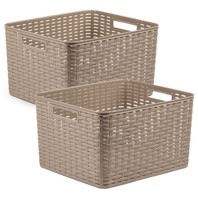 3x stuks rotan gevlochten opbergmand/opbergbox kunststof - taupe - 34 x 40 x 23 cm