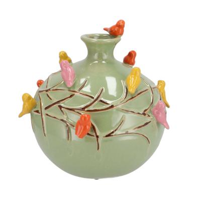 Vaas Spring birds - pistache groen - keramiek - D14 x H14 cm - bloemenvaas