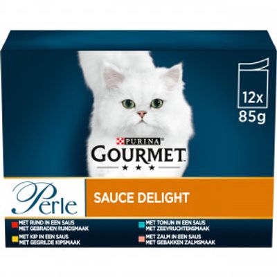 Gourmet Perle Sauce Delight met rund/kip/tonijn/zalm nat kattenvoer 85g zakje 12 x 85 g