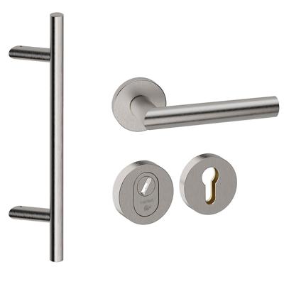 Hardbrass Voordeurset rond 3-delig met greep schuin anti-kerntrek SKG*** - RVS