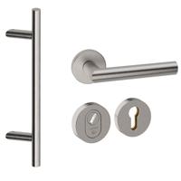 Hardbrass Voordeurset rond 3-delig met greep schuin anti-kerntrek SKG*** - RVS