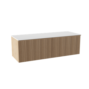 Balmani Forma zwevend badmeubel 150 x 55 cm naturel eiken met Stretto enkel of dubbel wastafelblad in solid surface mat wit, Verticale asymmetrische ronde ribbel