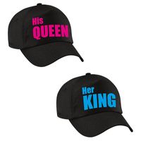 Her King / His Queen zwarte petten blauw/roze tekst volwassenen - thumbnail