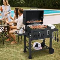 Vat-houtskoolgrill met 2 Opklapbare Zijtafels Buitenbarbecue met Opbergruimte & Wielen