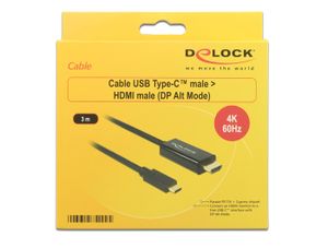 Delock 85292 Kabel USB Type-C male > HDMI male (DP Alt Mode) 4K 60 Hz 3 m zwart